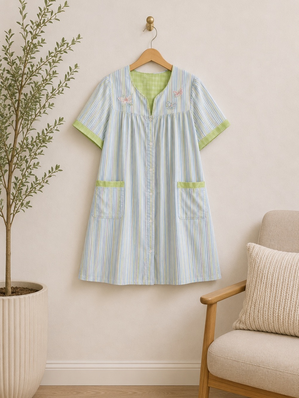 Vintage Mint Green Blue Nap Dress Nightgown Butterfly Snap Front Cottagecore L